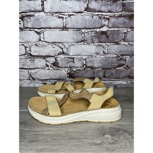 Fantasy Sandals Tan Nubuck Fabric Cross Strap Wedge Flex Sole Women’s 39EU/8.5US